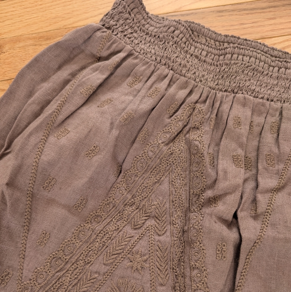 100% Linen Boho Embroidered Maxi Skirt - Taupe Small - Picture 6 of 7